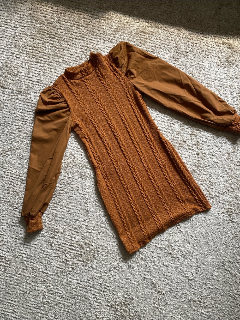 SHEIN Cable Knit Puff Sleeve Mock Neck Sweater Dress - Rust